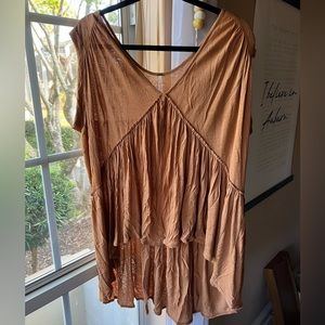 Free People Burnt Orange Rust Peplum Shark Flowy V Neck Raw Hem Boho Top